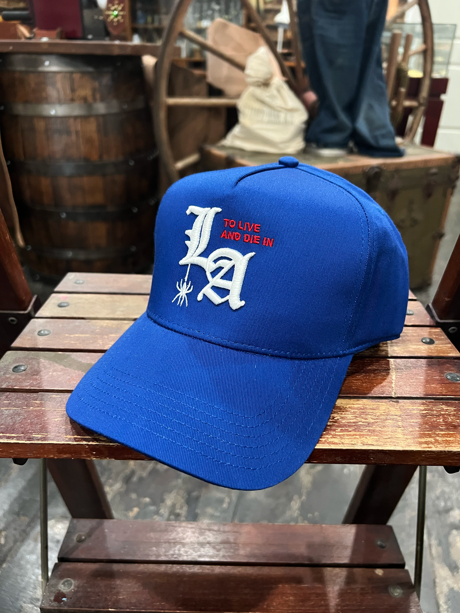 To live and Die in LA 5 Panel Snap Back Cap in Navy / Natural by Delin