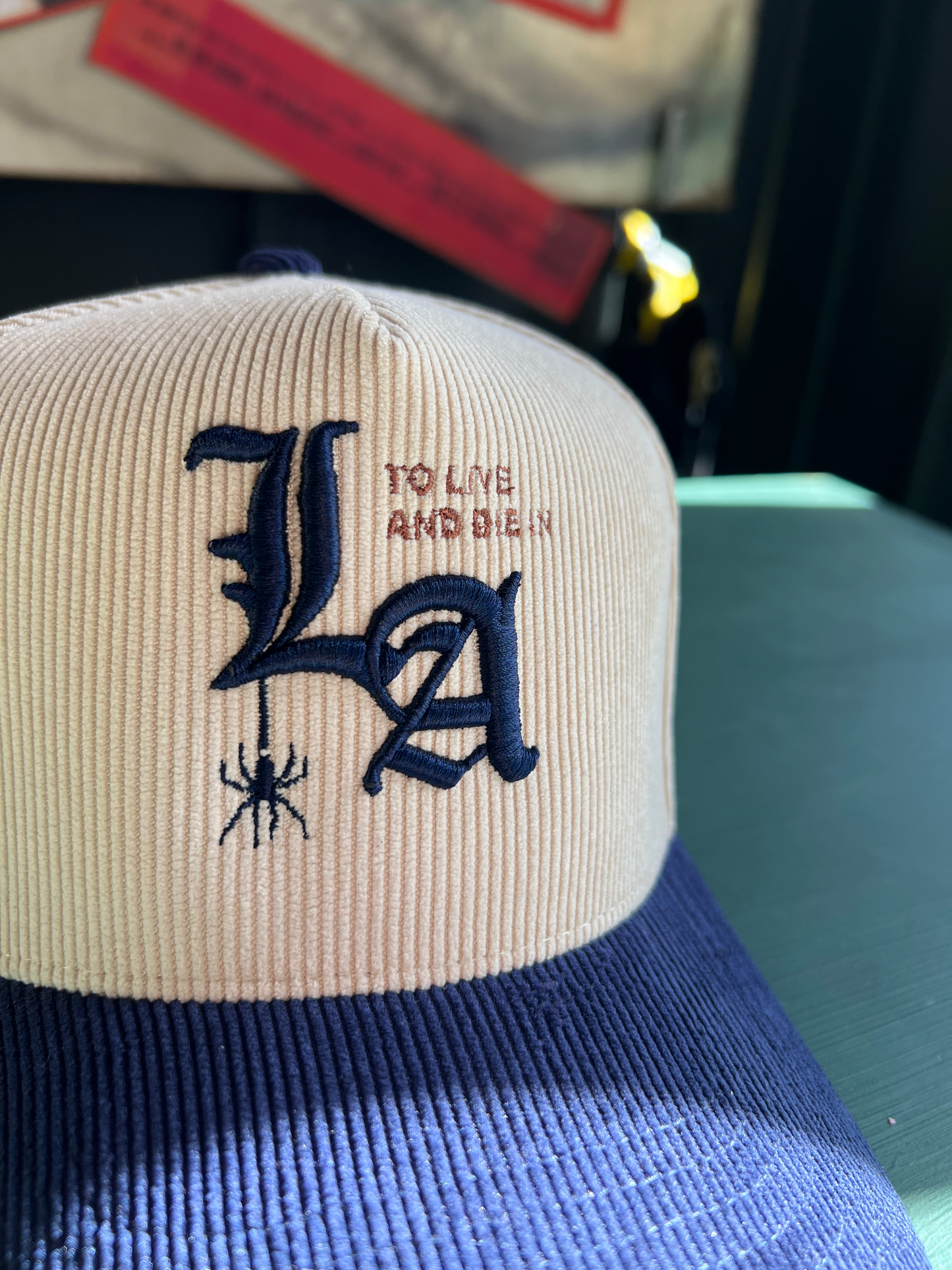 New "To Live and Die in LA"Corduroy Snap Back Cap in Natural/Navy