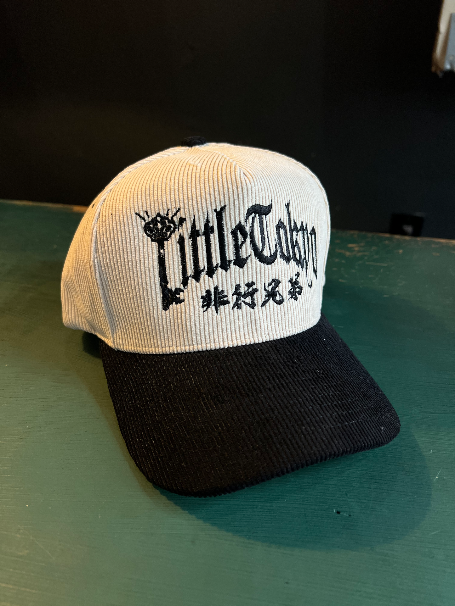 "Little Tokyo Delinquent"Corduroy Snap Back with Side Embroidery in Natural/Black
