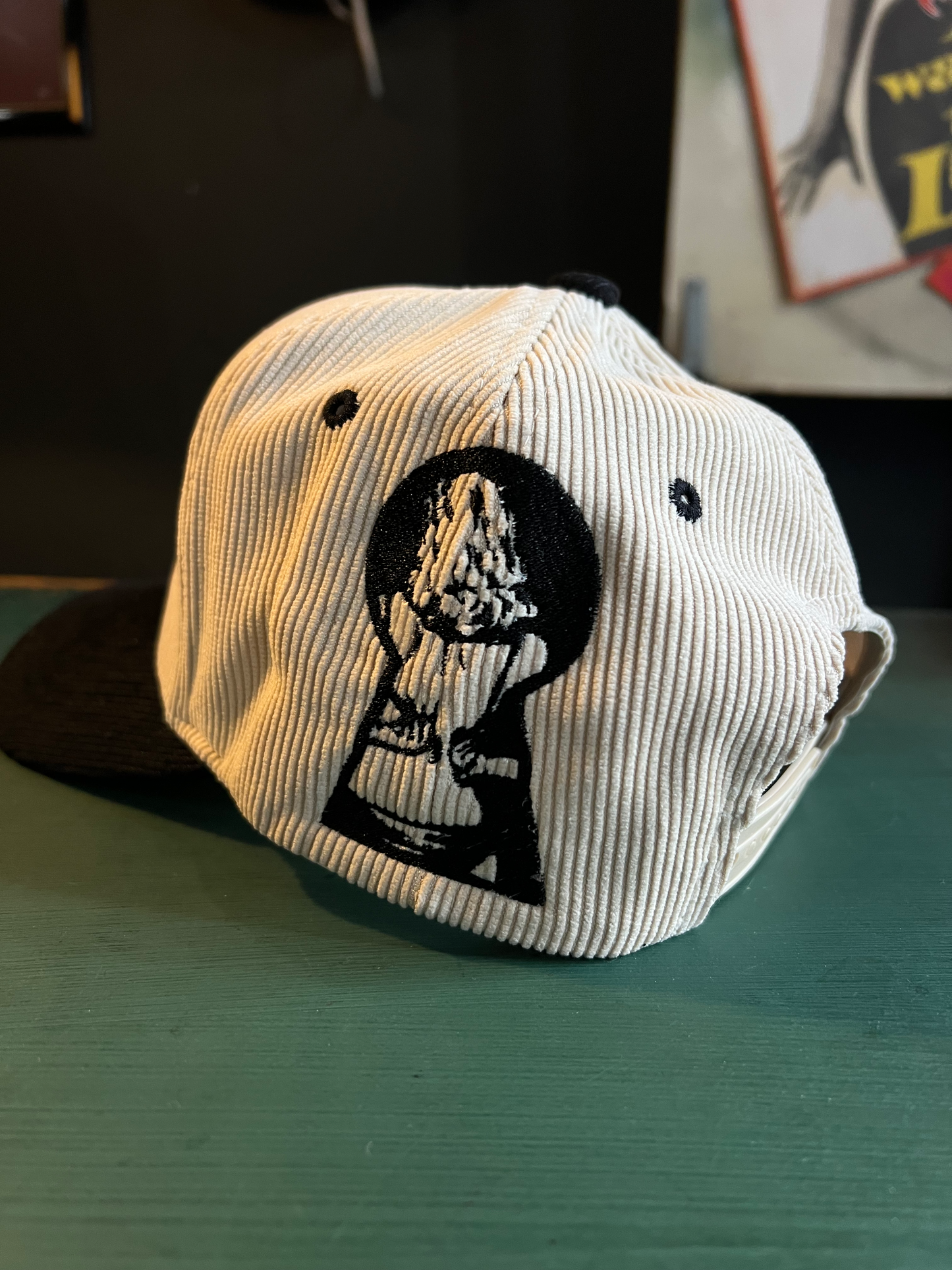 "Little Tokyo Delinquent"Corduroy Snap Back with Side Embroidery in Natural/Black