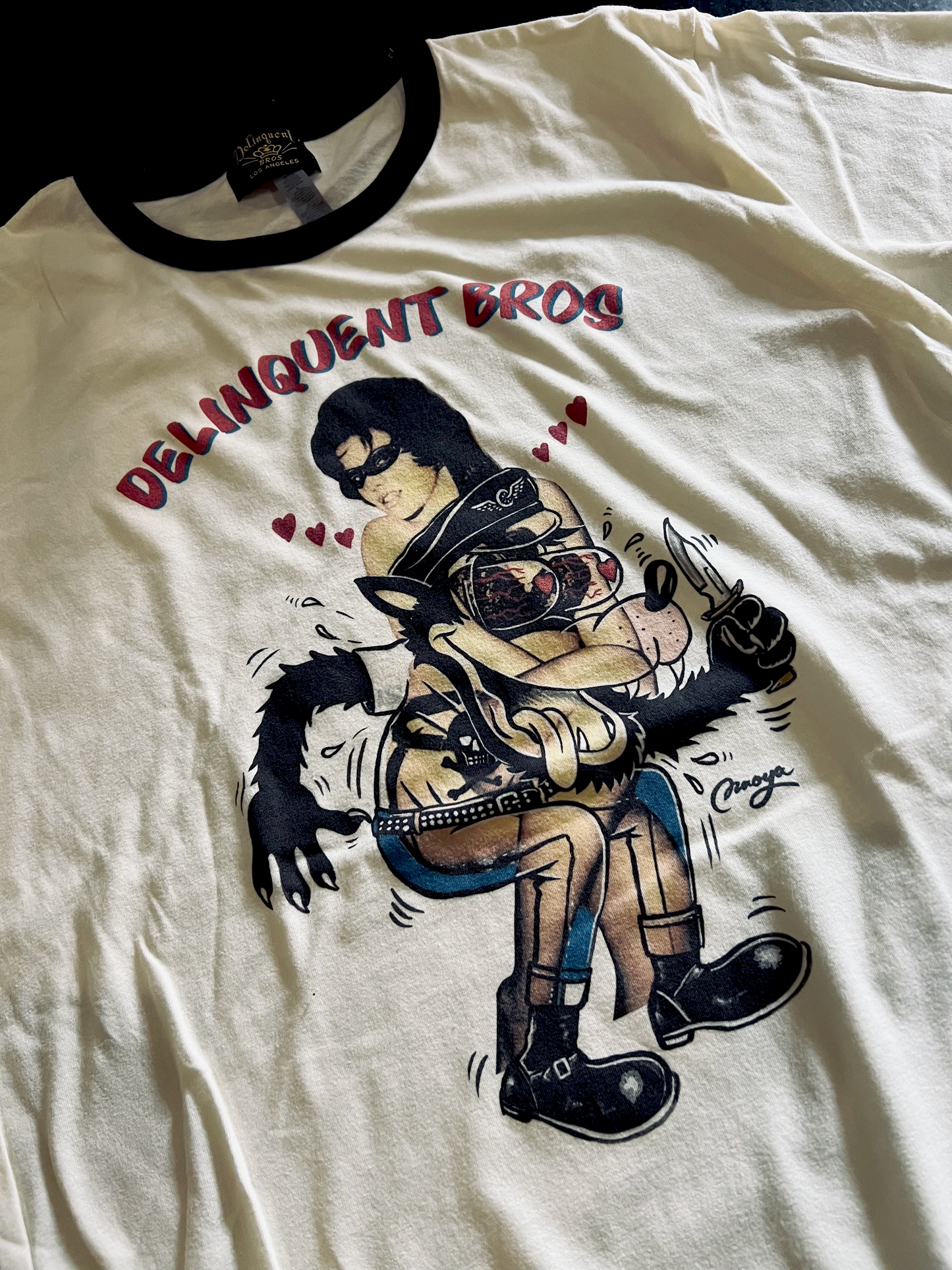 "Wolflin' around" Tee in Natural/Black Ringer Tee