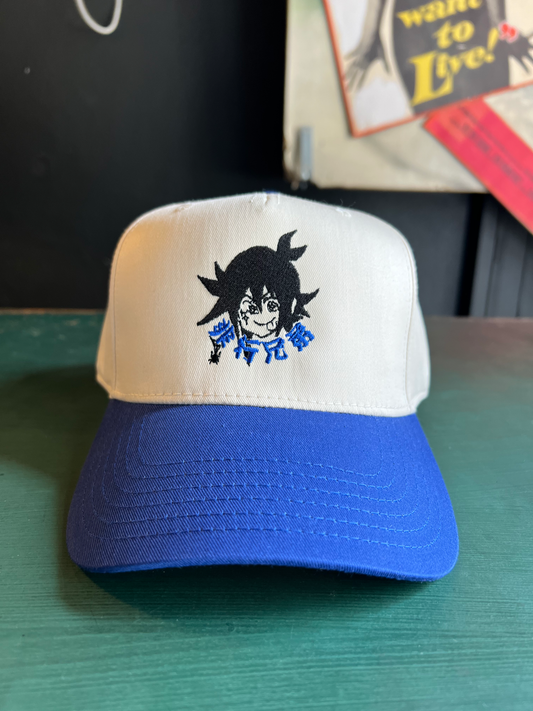 "Chiaki" 5 Panel Snap Back Cap in Blue/Natural