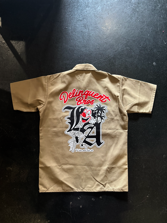 "To Live and Die in LA" 1/4 zip work shirt in Khaki