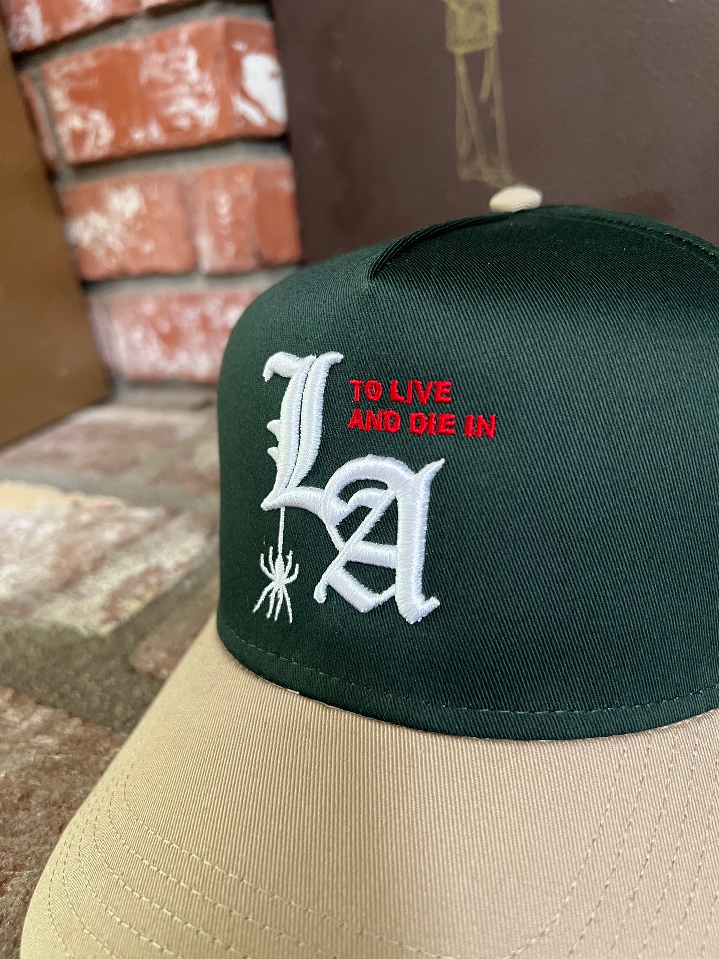 To live and Die in LA 5 Panel Snap Back Cap in Green/Beige