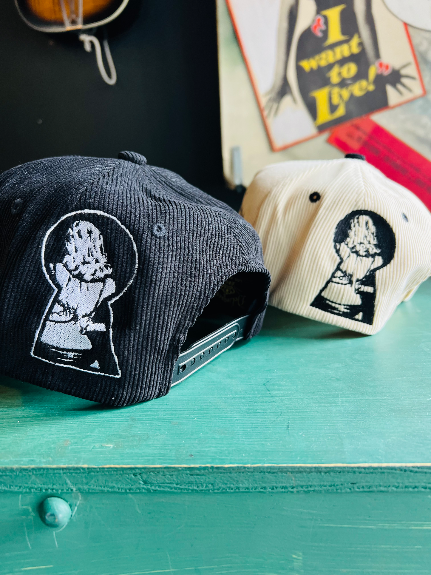 "Little Tokyo Delinquent"Corduroy Snap Back with Side Embroidery in Natural/Black