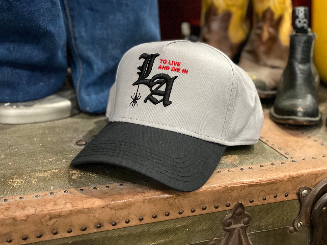 To live and Die in LA 5 Panel Snap Back Cap in Gray / Black