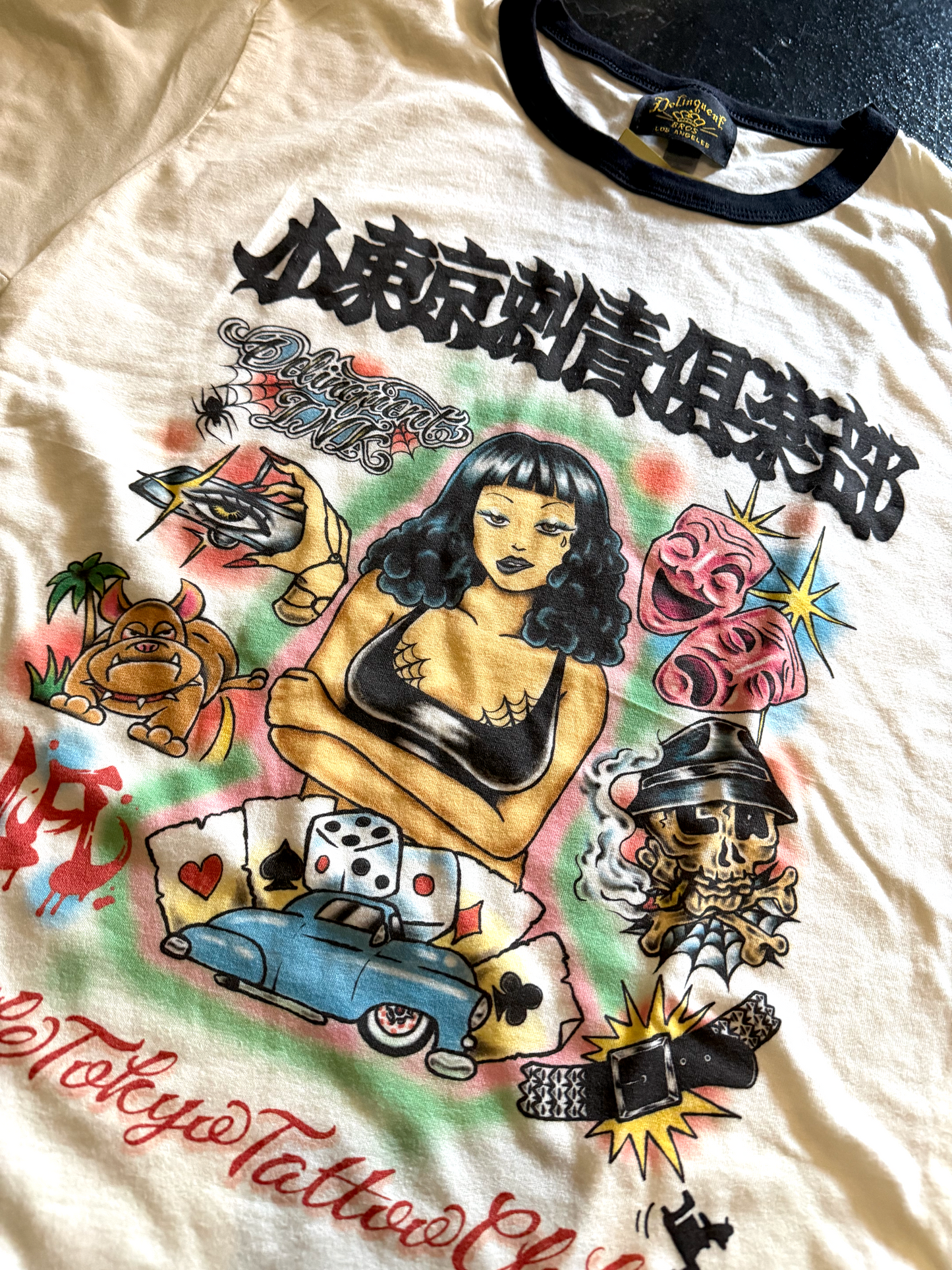 "Little Tokyo Tattoo Club" Tee in Natural/Black Ringer Tee