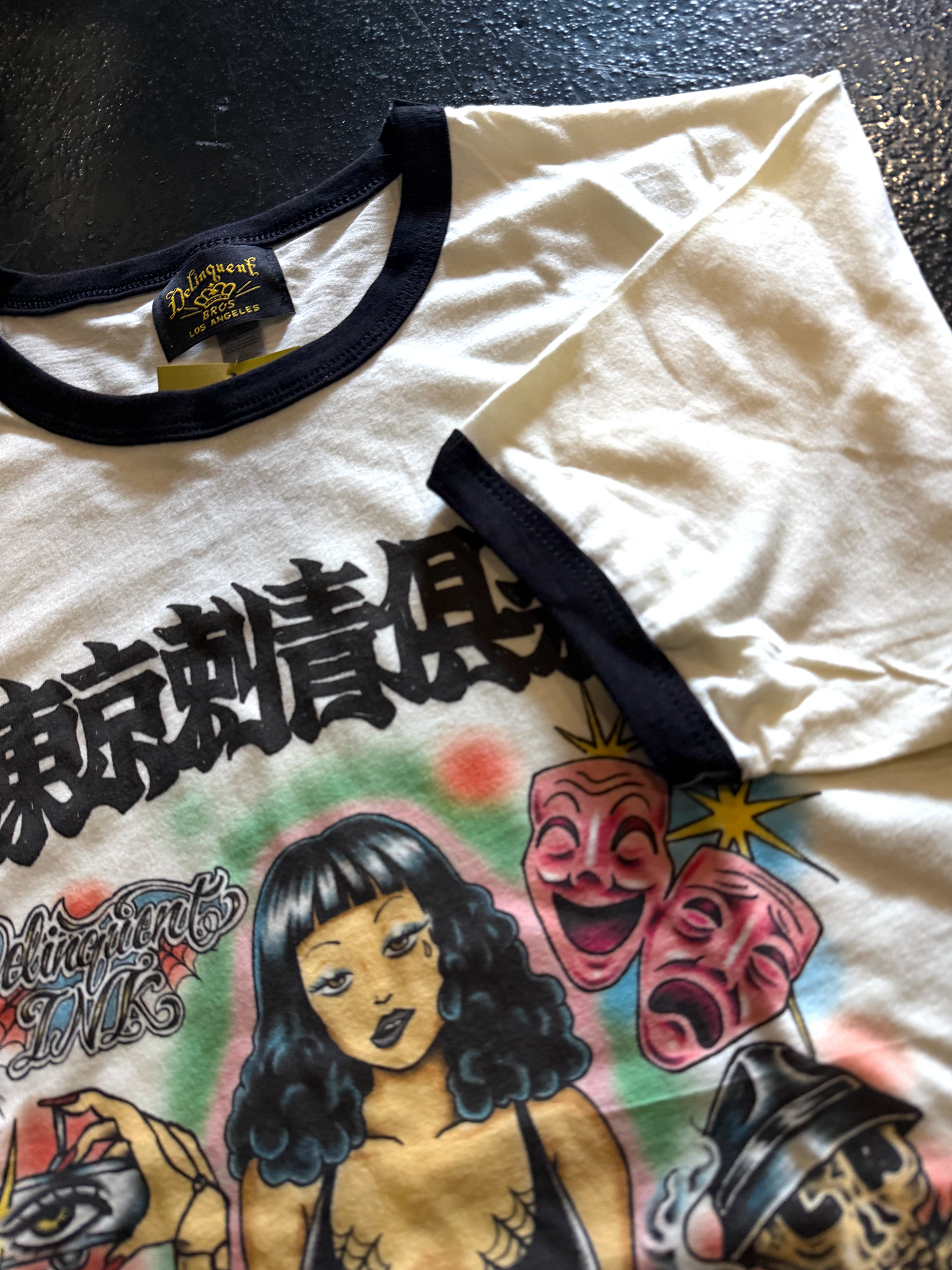 "Little Tokyo Tattoo Club" Tee in Natural/Black Ringer Tee