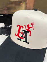 Load image into Gallery viewer, Devilish 5 Panel Snap Back Cap in Natural/Black