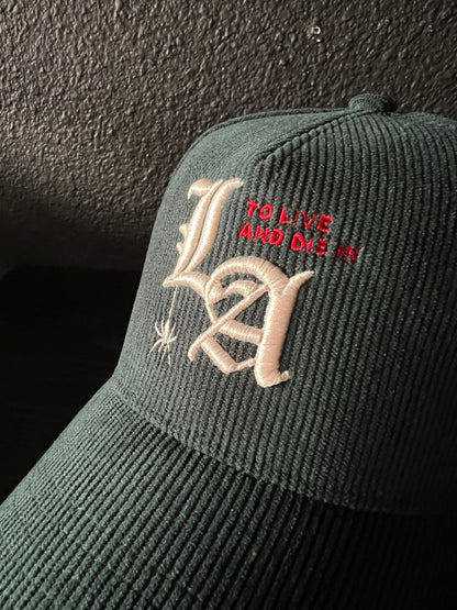 New "To Live and Die in LA"Corduroy Snap Back Cap in Dark Green