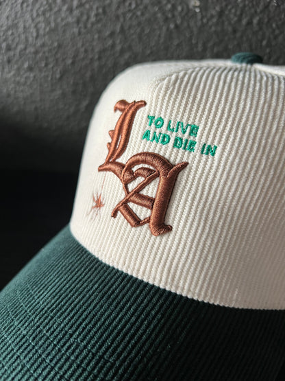 New "To Live and Die in LA"Corduroy Snap Back Cap in White/Green