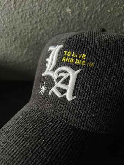 New "To Live and Die in LA"Corduroy Snap Back Cap in Black