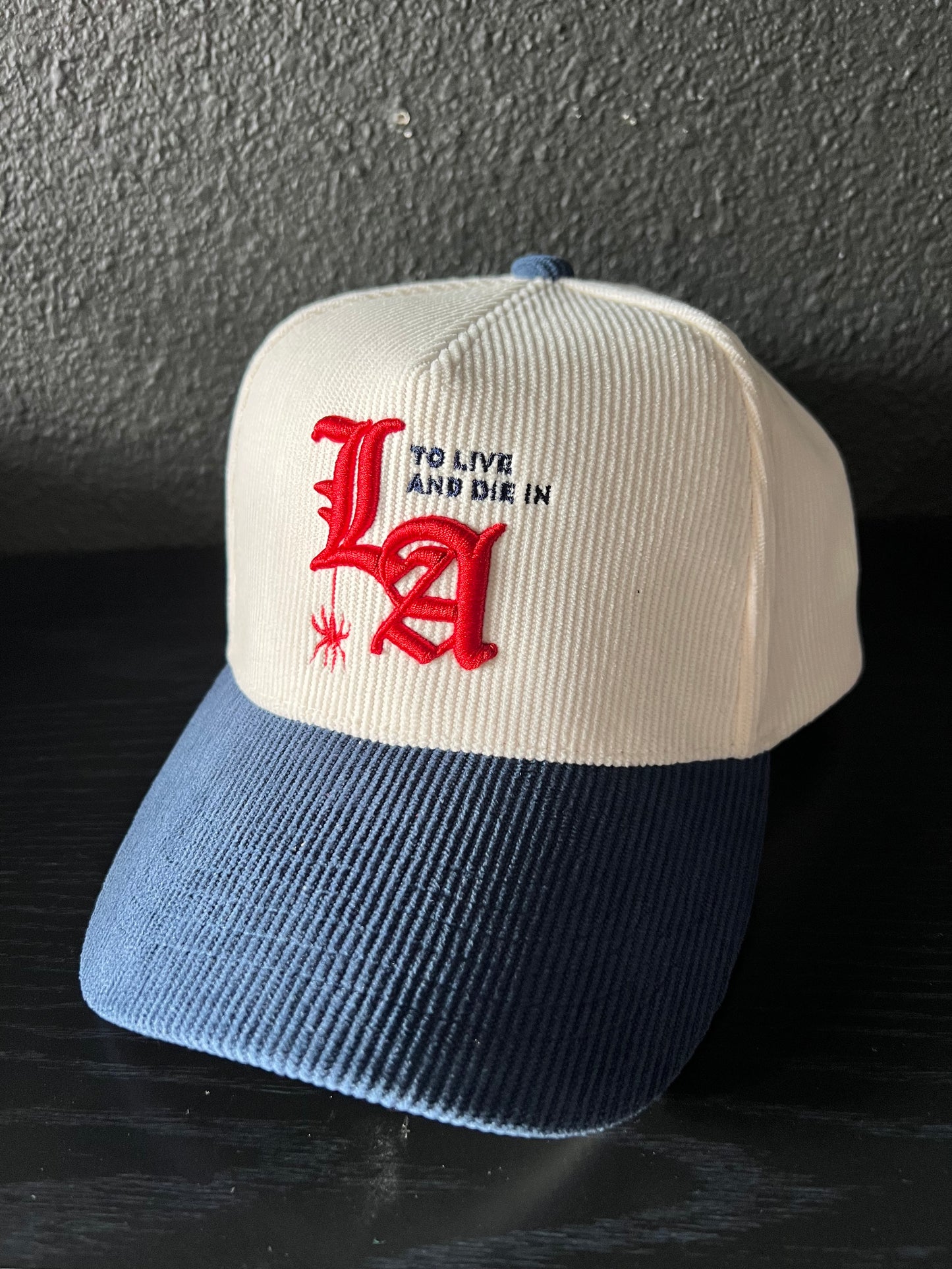 New "To Live and Die in LA"Corduroy Snap Back Cap in White/Navy