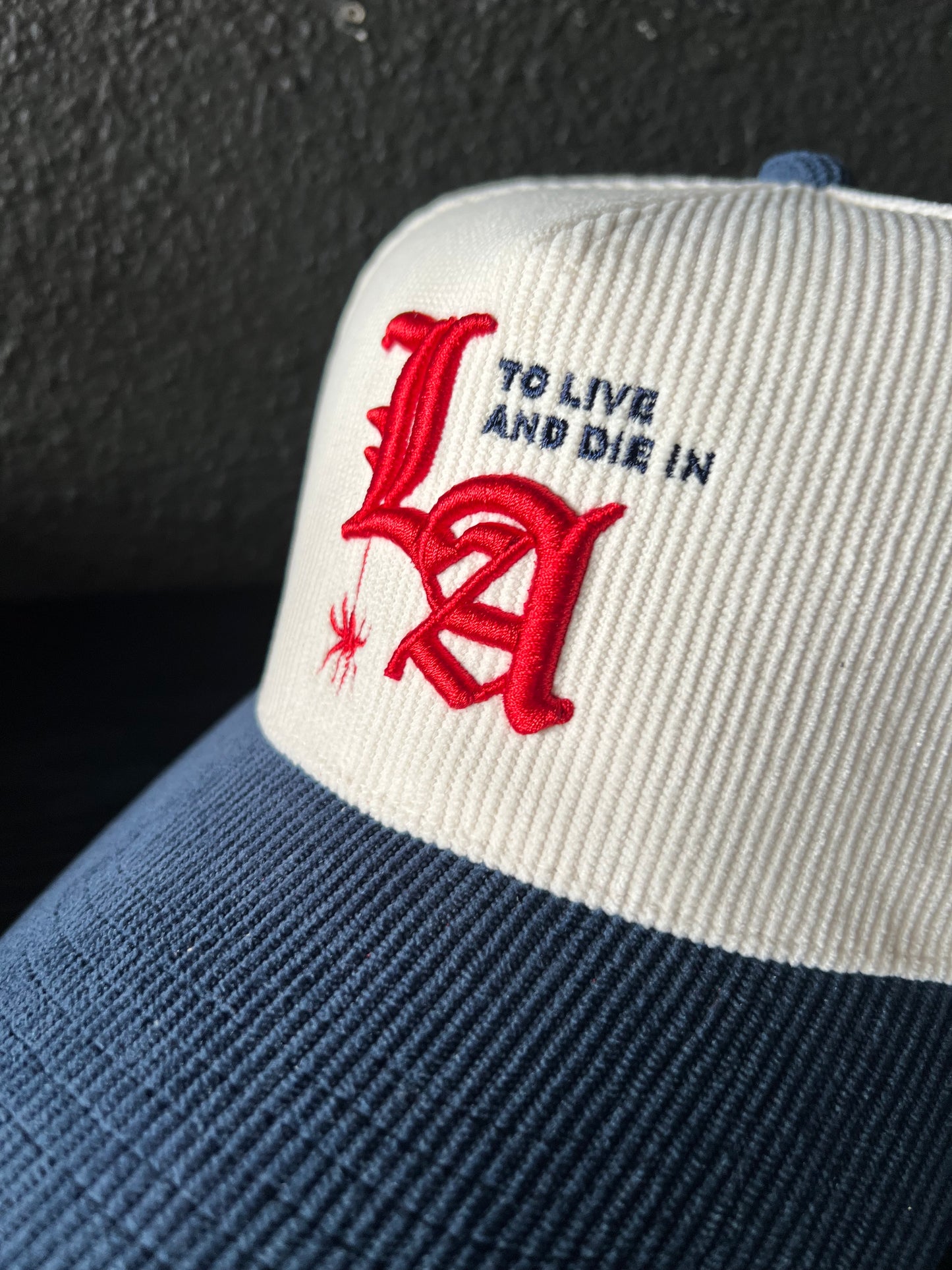 New "To Live and Die in LA"Corduroy Snap Back Cap in White/Navy