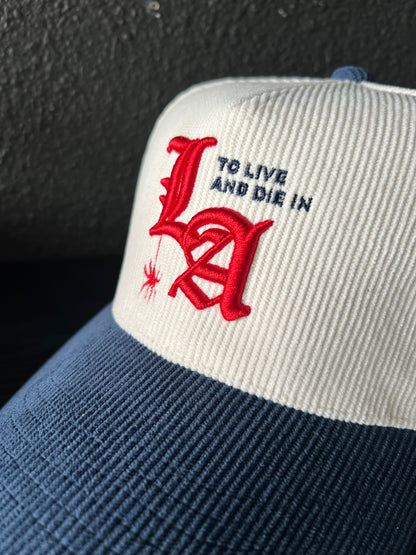 New "To Live and Die in LA"Corduroy Snap Back Cap in White/Navy