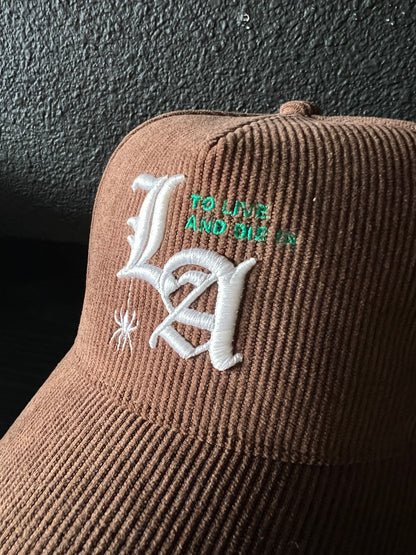 New "To Live and Die in LA"Corduroy Snap Back Cap in Brown