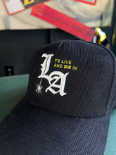 Load image into Gallery viewer, New &quot;To Live and Die in LA&quot;Corduroy Snap Back Cap in Black