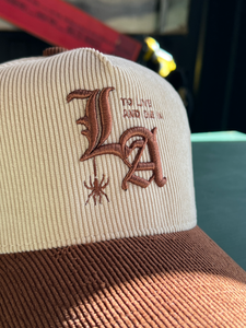 New "To Live and Die in LA"Corduroy Snap Back Cap in Natural/Brown