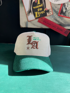 New "To Live and Die in LA"Corduroy Snap Back Cap in Natural/Green