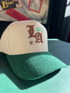 New "To Live and Die in LA"Corduroy Snap Back Cap in Natural/Green