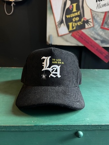 New "To Live and Die in LA"Corduroy Snap Back Cap in Black