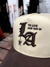 Load image into Gallery viewer, To live and Die in LA 5 Panel Snap Back Cap in Brown / Natural
