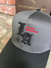 Load image into Gallery viewer, To live and Die in LA 5 Panel Snap Back Cap in Dark Gray/Black