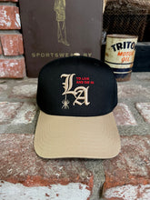 Load image into Gallery viewer, To live and Die in LA 5 Panel Snap Back Cap in Black/Beige