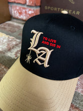 Load image into Gallery viewer, To live and Die in LA 5 Panel Snap Back Cap in Black/Beige