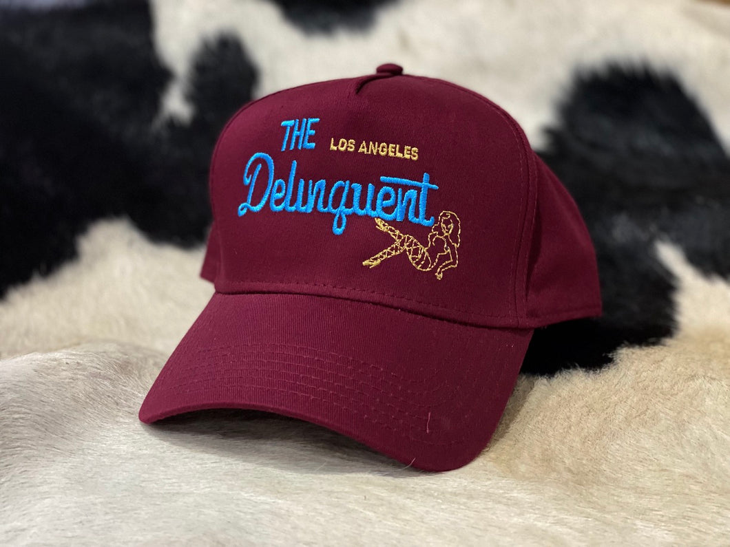 Delinquent 5 Panel Snap Back Cap in Burgundy