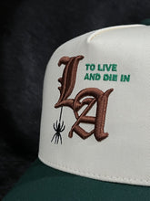 Load image into Gallery viewer, To live and Die in LA 5 Panel Snap Back Cap in Natural / Green
