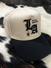 Load image into Gallery viewer, To live and Die in LA 5 Panel Snap Back Cap in Natural / Black (Black Lettering)