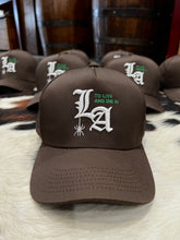 Load image into Gallery viewer, To live and Die in LA 5 Panel Snap Back Cap in Brown