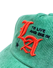 Load image into Gallery viewer, &quot;To Live and Die in LA&quot;Corduroy Snap Back Cap in Green