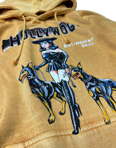 "Witches & Bitches"Vintage Washed Hoodie in Mustard.
